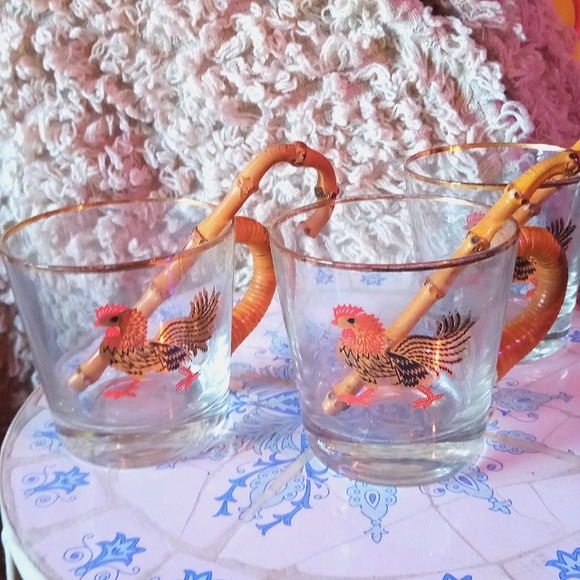1940's vintage hand blown tea mug with bamboo stirrer & rooster decal - Picture 1 of 4